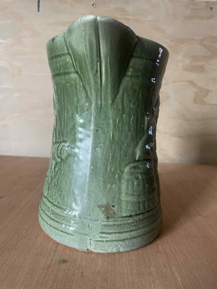 Green Ceramic Pitcher with Handle, Embossed Decorative Design, Glossy Round