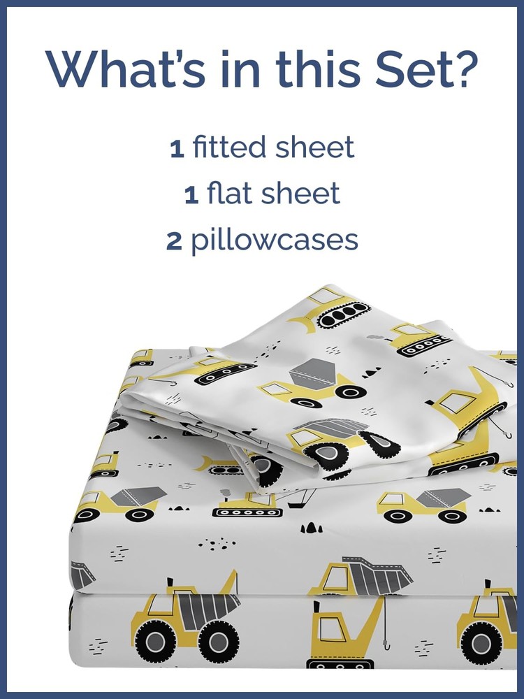 Kids Queen Size Construction Bed Sheets - 4 Piece Car Microfiber Sheet Set - ...