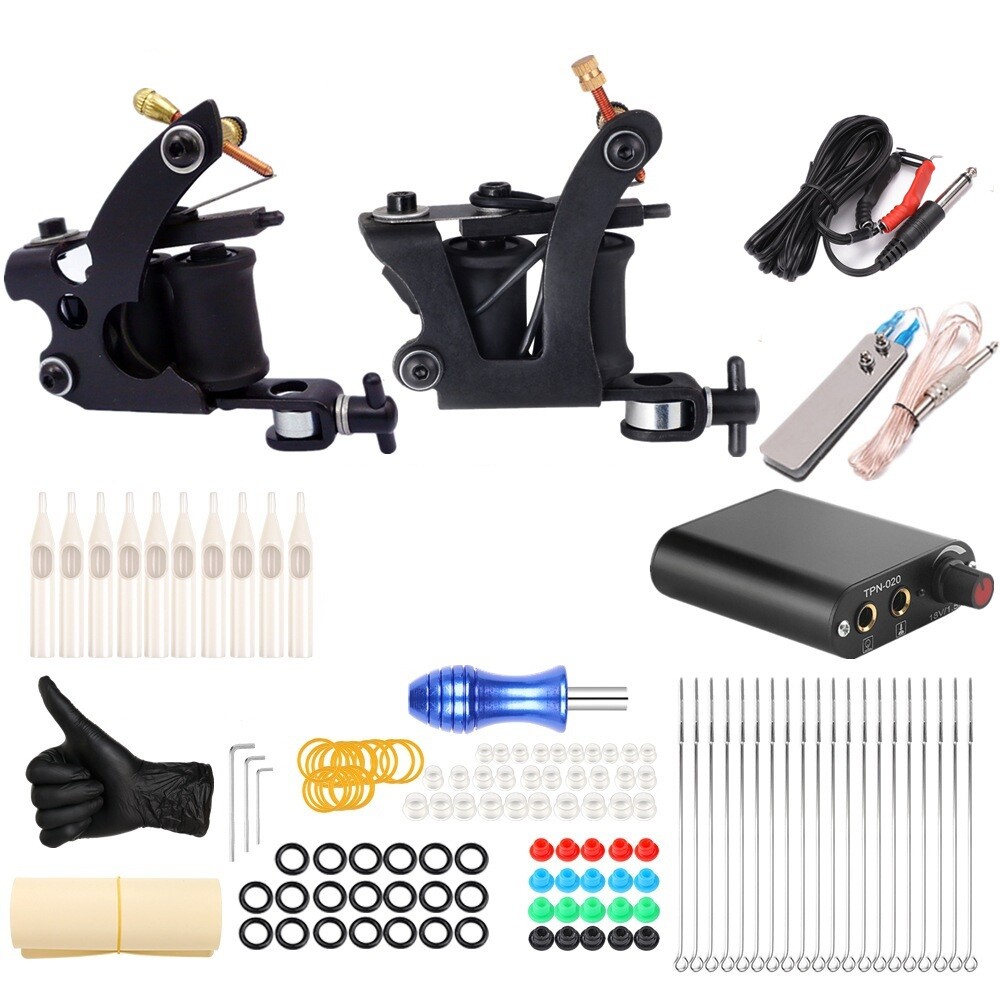 Complete Beginner Tattoo Kit Machine Gun Liner Shader Power Supply Tip Grip