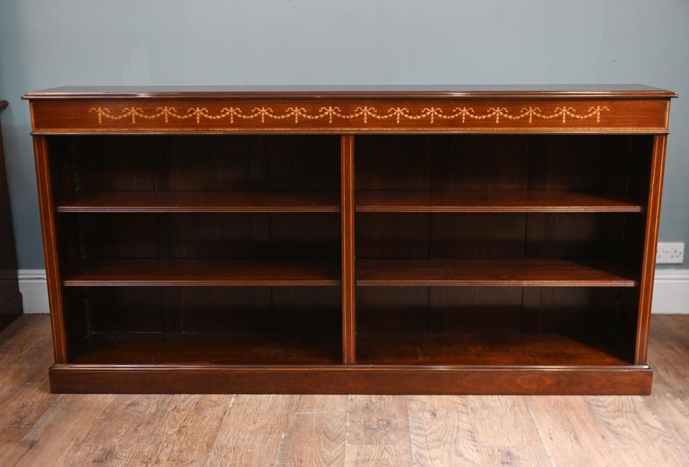Wide Regency Open Bookcase - Mahogany Inlay Library Study