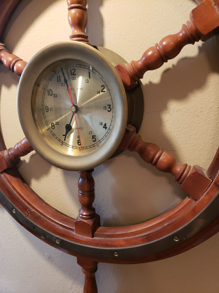 Vintage Brass "Ship's Time" Wall Clock - Ship's Wheel 30" Diameter