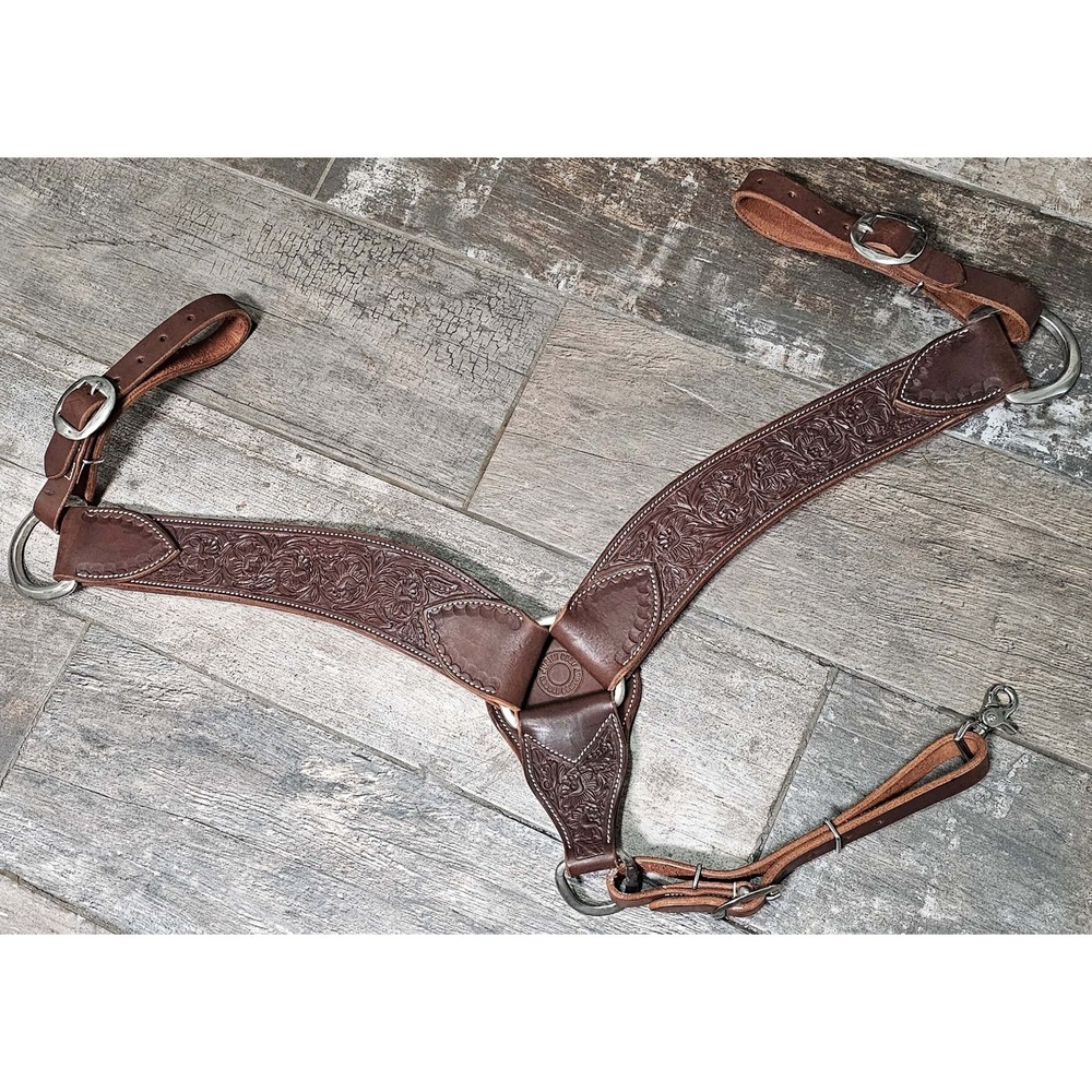 New Western Medium Color Tooled Leather Roping Breast Collar