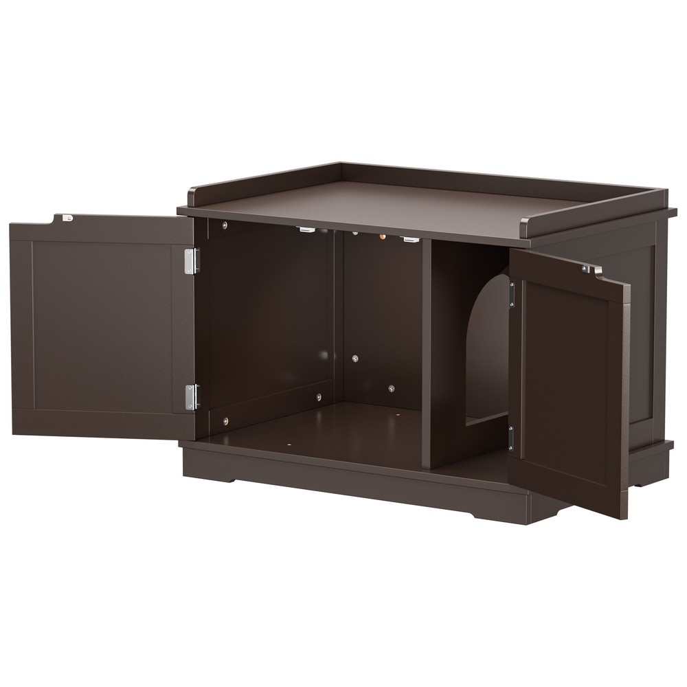 Cat Washroom Litter Box Cabinet Storage Bench Side Table with Doors Light Brown