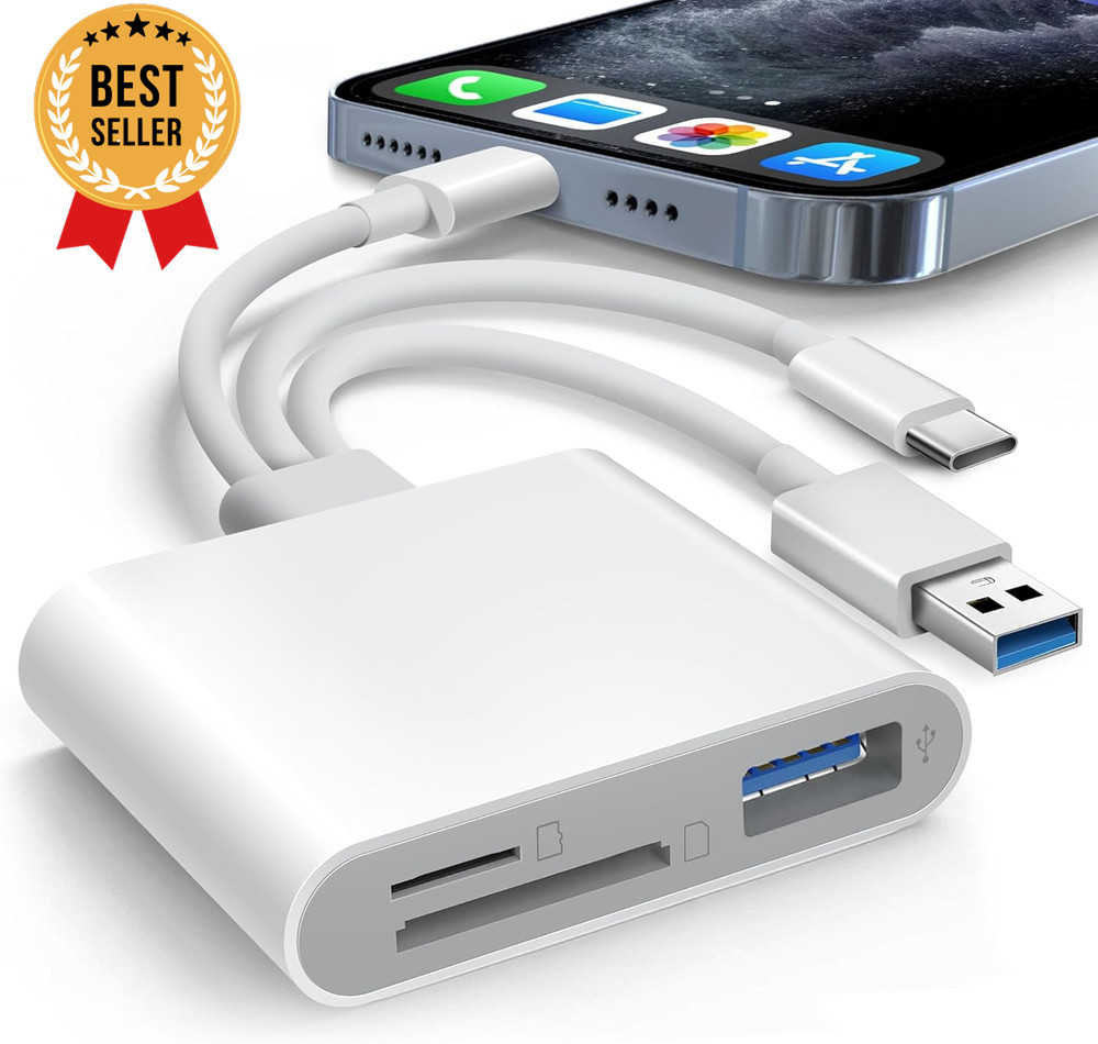 3-in-1 SD Card Reader for iPhone, iPad, Mac, USB-C, USB-A, Lightning, White