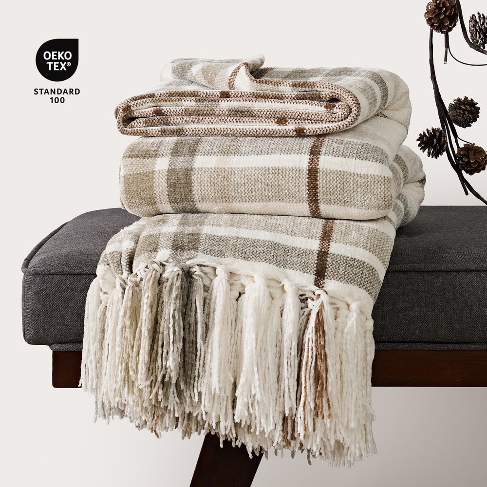 EverGrace Plaid Chenille Throw Blanket for 50"x60", Beige & White