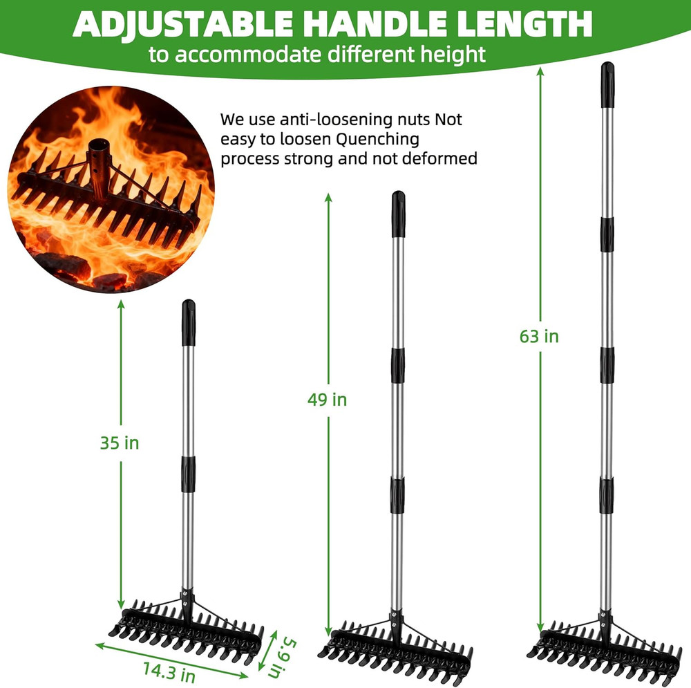 Thatch Rake for Lawns 36-63'' Stainless Steel Adjustable Handle for Dethatching