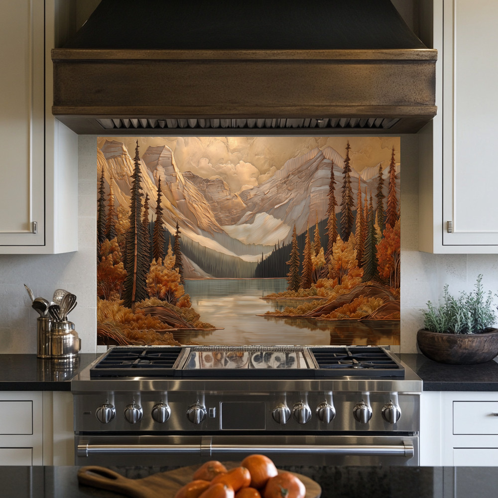 Pine Tree and Mountain Glass Backsplash, Tempered Glass Kitchen Splashback