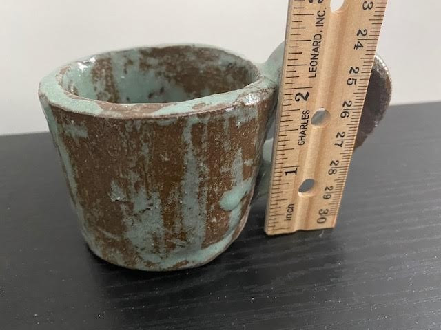 Pottery Handmade Candle Holder Handheld with Handle Rustic Blue Brown Small
