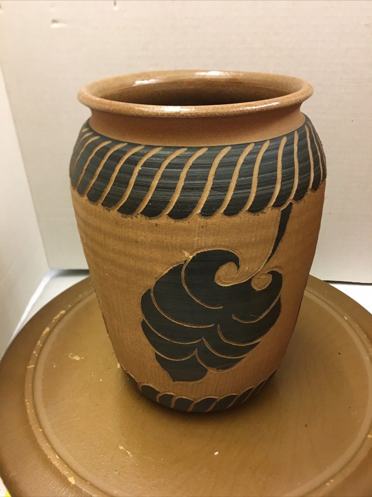 signed pottery vase leaves & design 9” see a010
