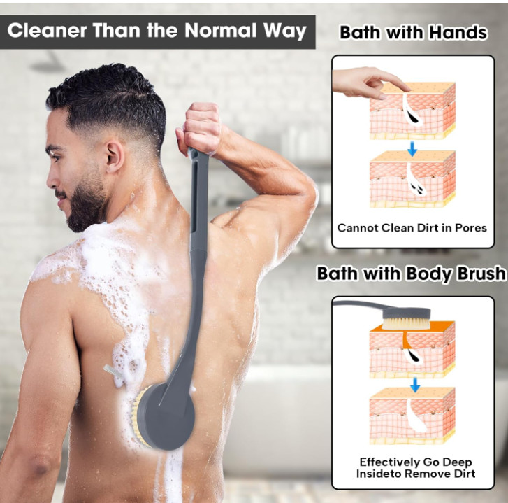 20.5" Bath Brush Long Handle for Deep Cleaning, Back Brush (Grey)