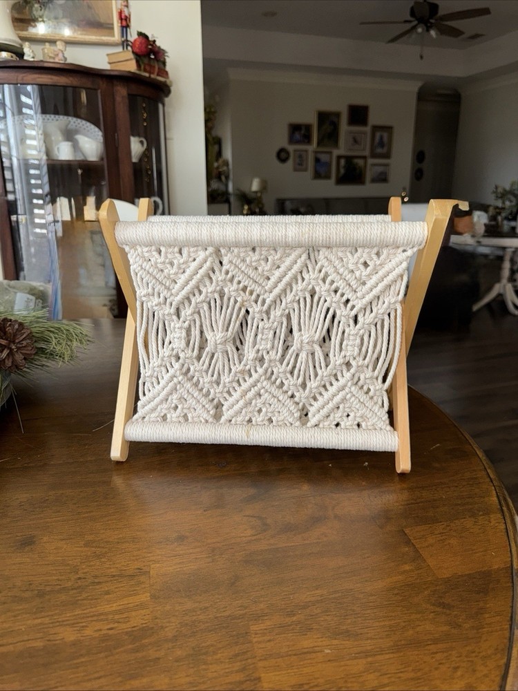 Boho Macrame Beige Cotton/Wood Foldable Magazine Rack