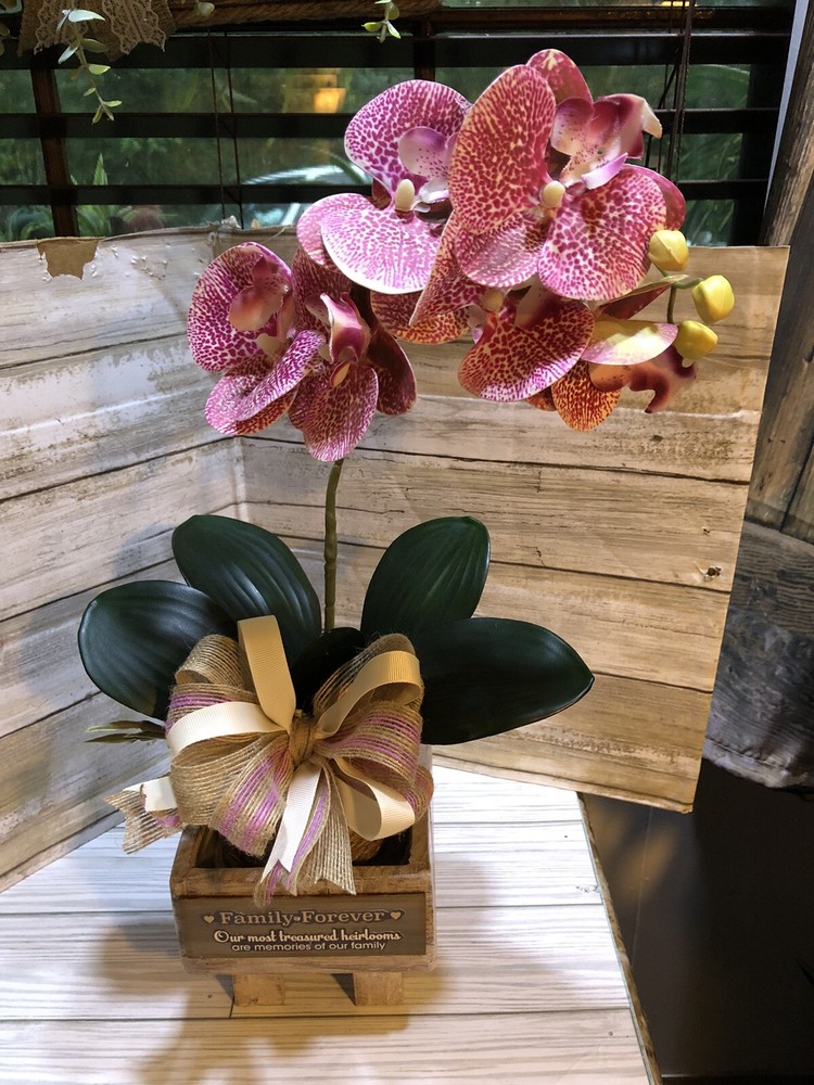 HANDCRAFTED WOODEN BASE WITH POTTED ARTIFICIAL ORCHID