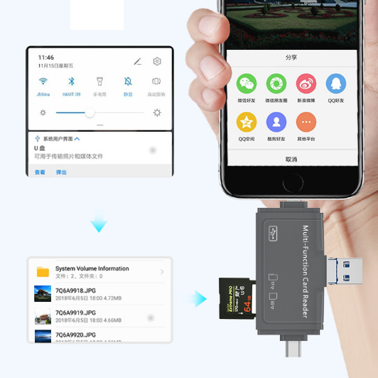 Portable 7 In 1 Memory Card Reader USB/Micro-USB/Type-C TF SD OTG Card Reader