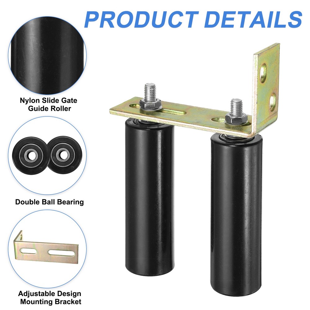 2Set Slide Gate Guide Roller, 6" Nylon Gate Support Rollers with Bracket, Black