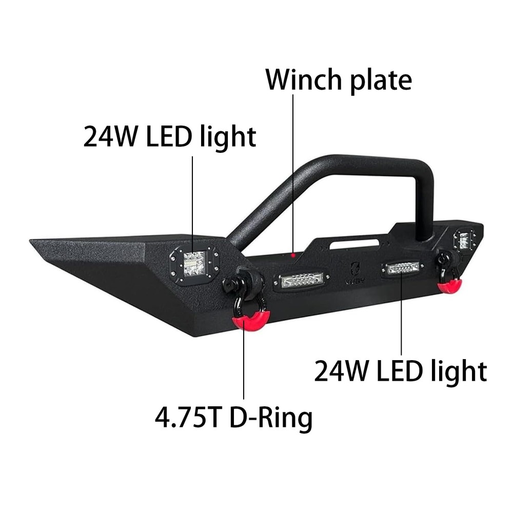 Front Bumper for Wrangler Gladiator Winch Plate 4 Lights D-Rings