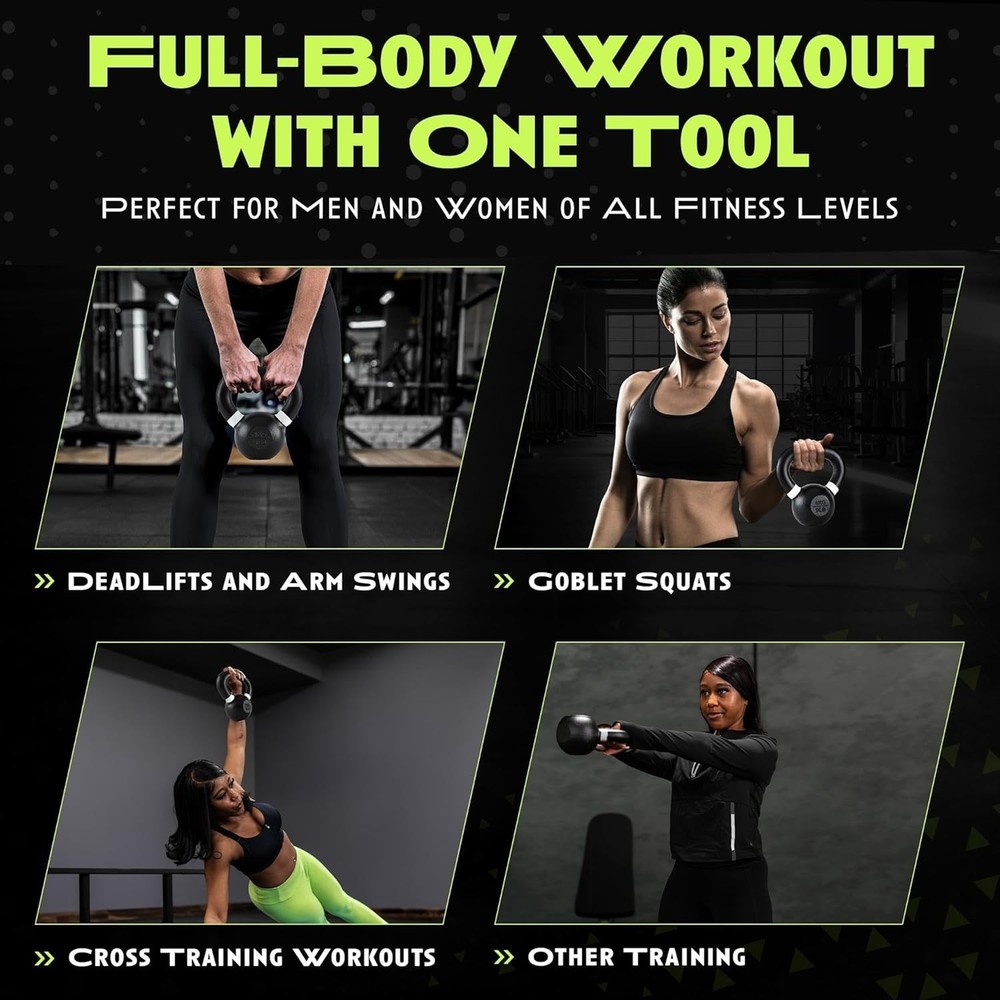 Single Cast Iron Kettlebell | Powder Coated - Wide Handle Weights for Core & ...