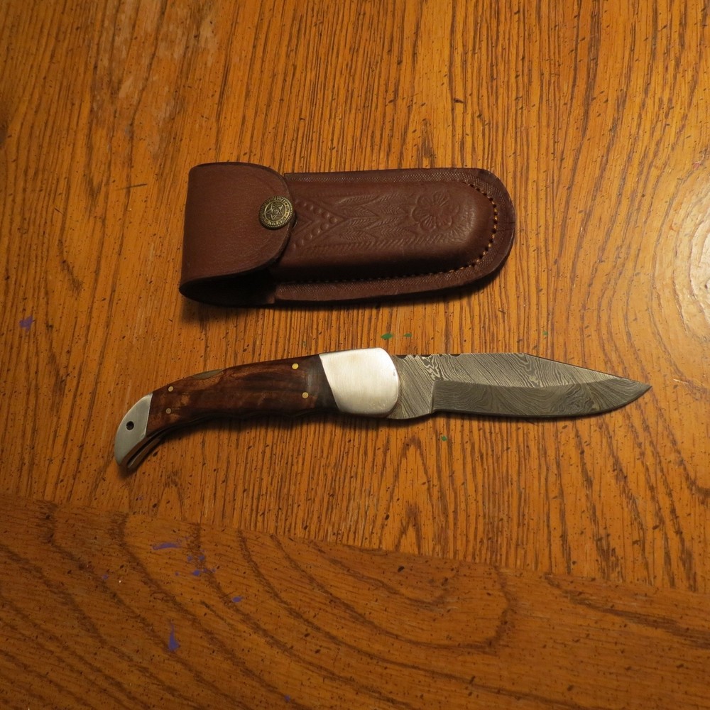 Damascus folding blade knife/ walnut color wood handle  leather sheath hand made