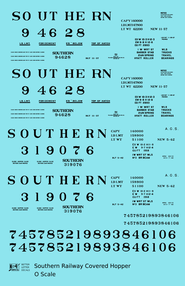 K4 O Scale Decals Southern Railway Covered Hopper Black