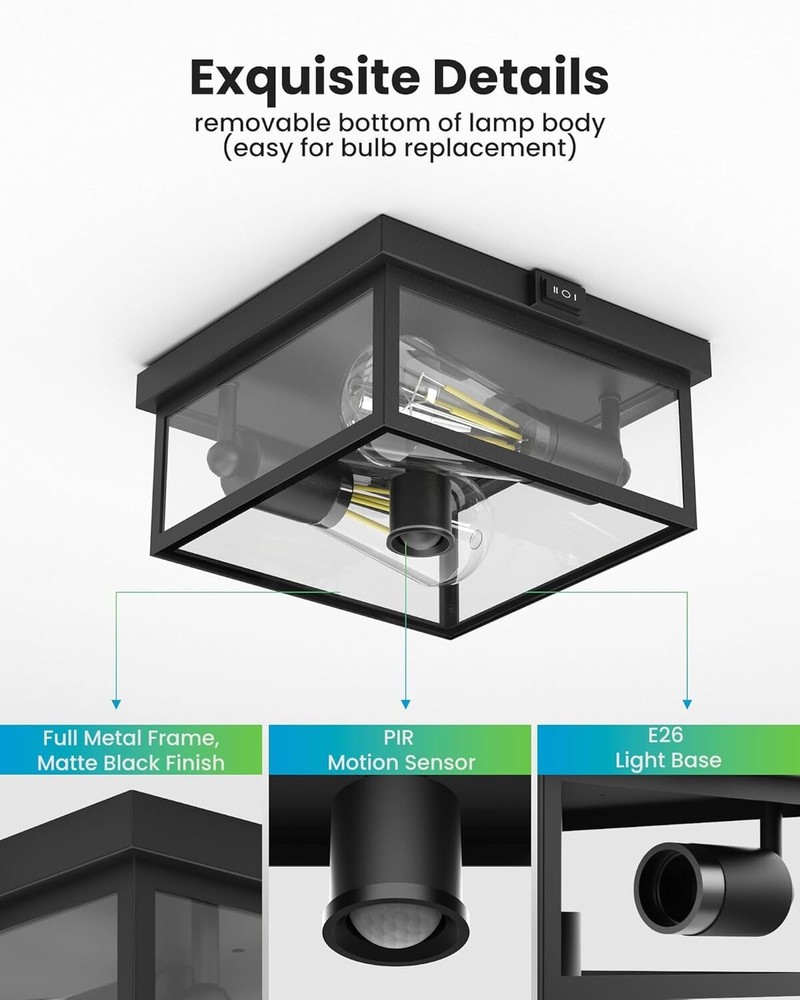 Outdoor Ceiling Light with Motion Sensor, Flush Mount Porch Light