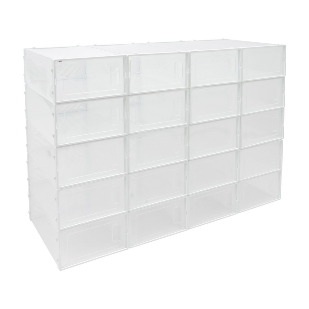 20 Pack White Plastic Shoe Boxes With Lids Stackable Storage Containers Organize