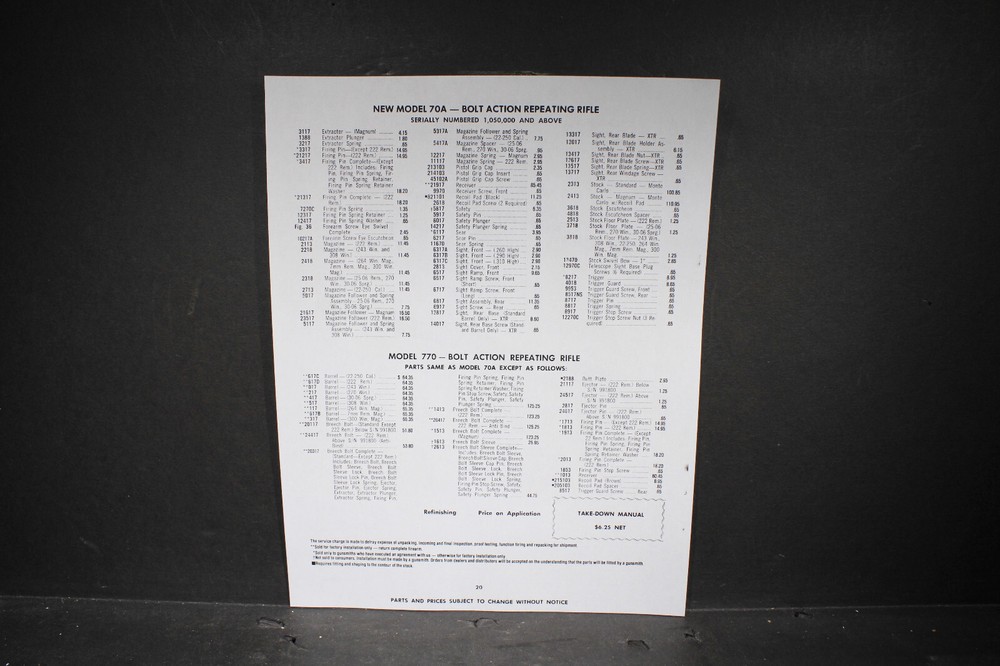 Winchester Model 70 70A Rifle Instructions, 75 Catalog 76 Catalog 2 Pts Sheets
