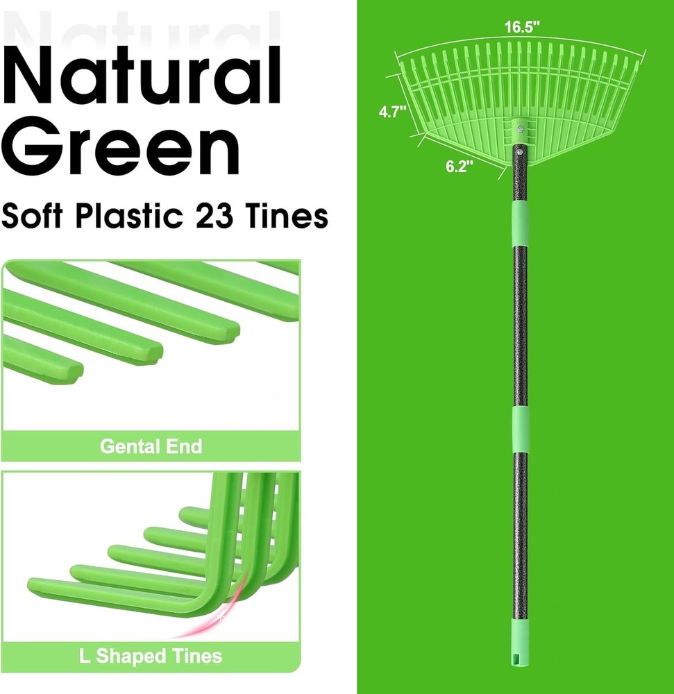 Garden Leaf Rake,16.5” Plastic Leaf Rake for Lawn,Unbreakable Nylon Head, No H