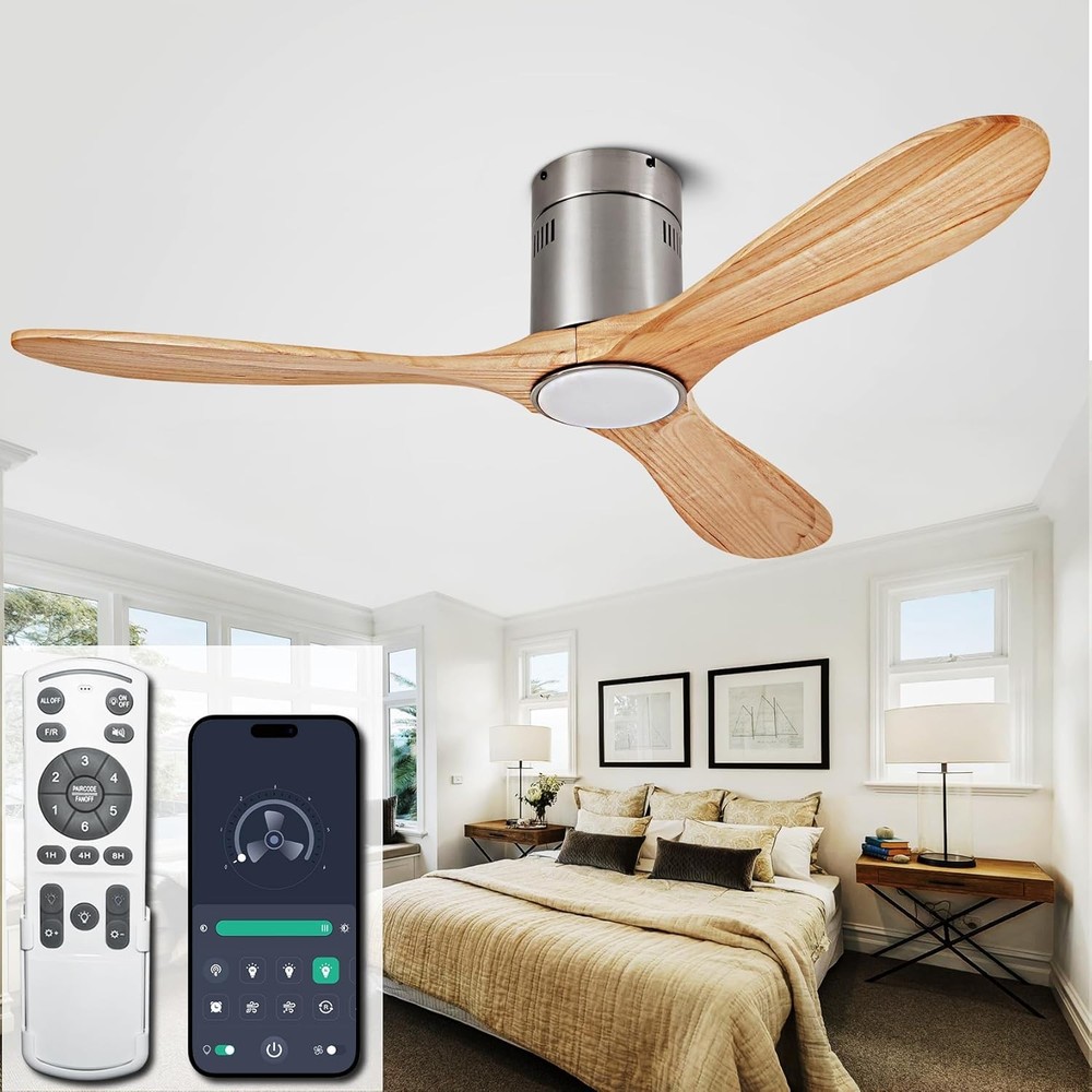 52” Ceiling Fan with Light with 6 Speed Remote/APP Control, Solid Wood Fan