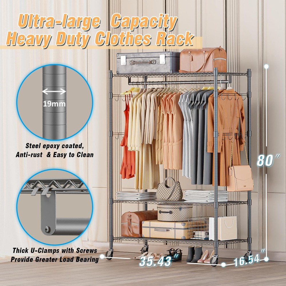 Heavy Duty Rolling Clothing Rack, Adjustable Garment Rack with 3 Tier Storage...