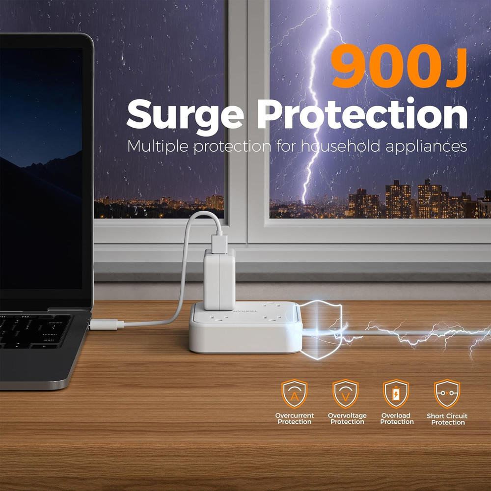 Surge Protector Flat Extension Cord 5Ft, Flat Plug Power Strip with Outlets US