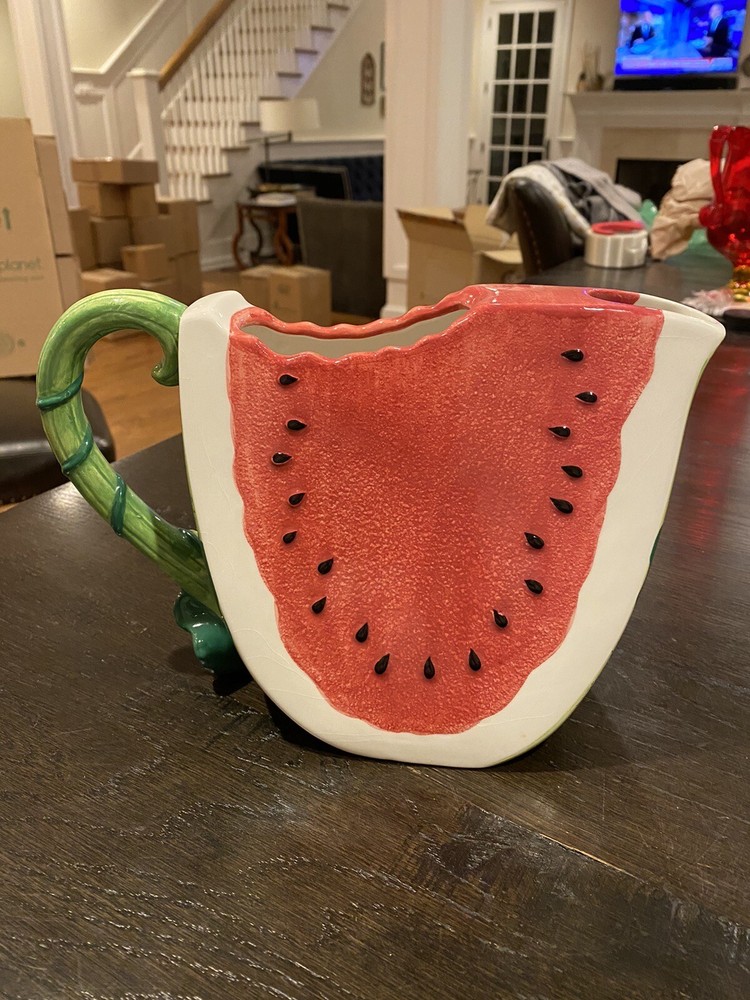 Set Of 3 Ceramic Watermelon Pieces Pitcher Basket And Slice
