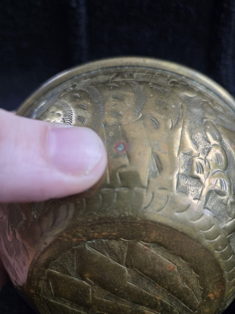 Vintage Middle Eastern Brass Bowls Pair, Engraved Arabic Script, 4.5" Alms