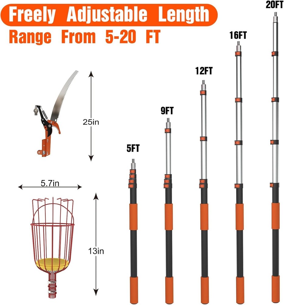 26FT Tree Trimmer, Manual Pole Saw with 5-20FT Extension Pole, Fruit Picker