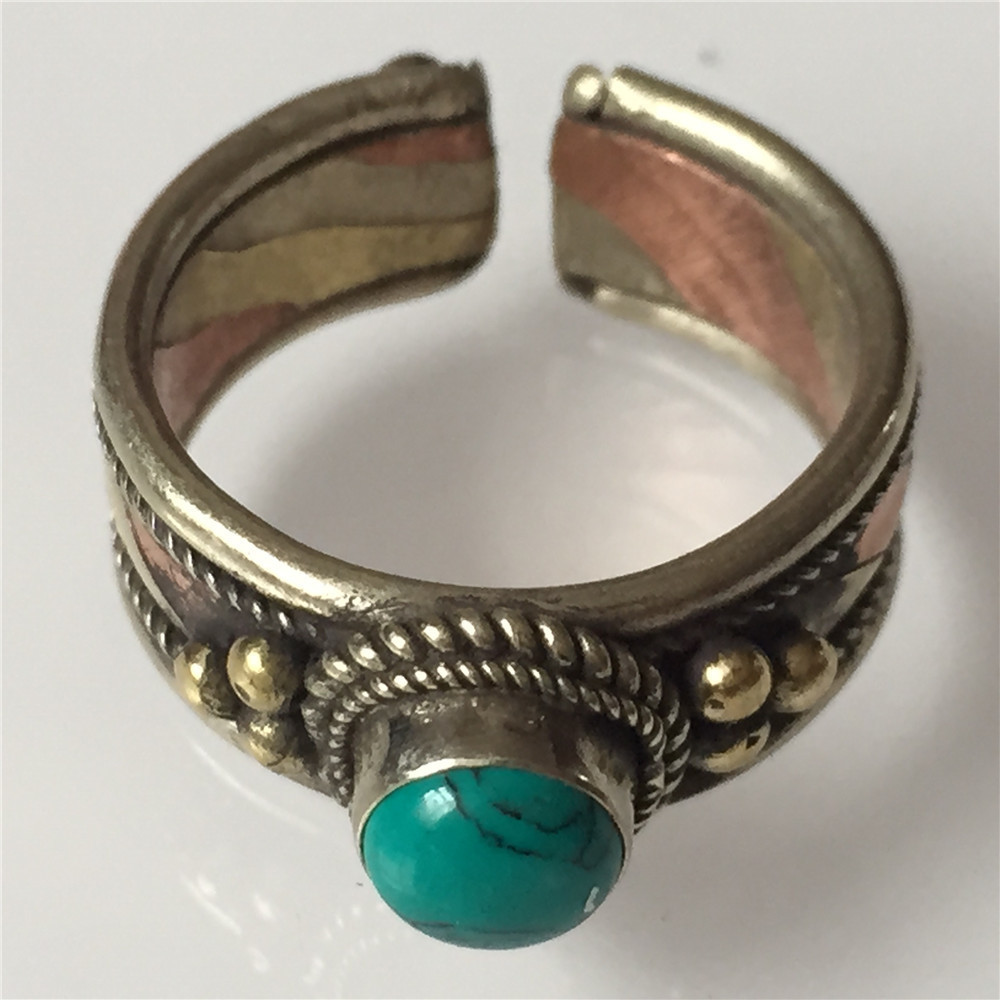 Solid Tibetan 3-color Copper Turquoise Gemstone Dotted Ring Adjustable