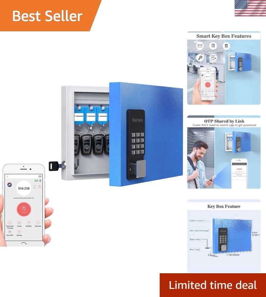 6 Key Lock Box Wall Mount, APP Bluetooth/OTP/Wi-Fi/Fixed Code/Key Unlock, Sma...