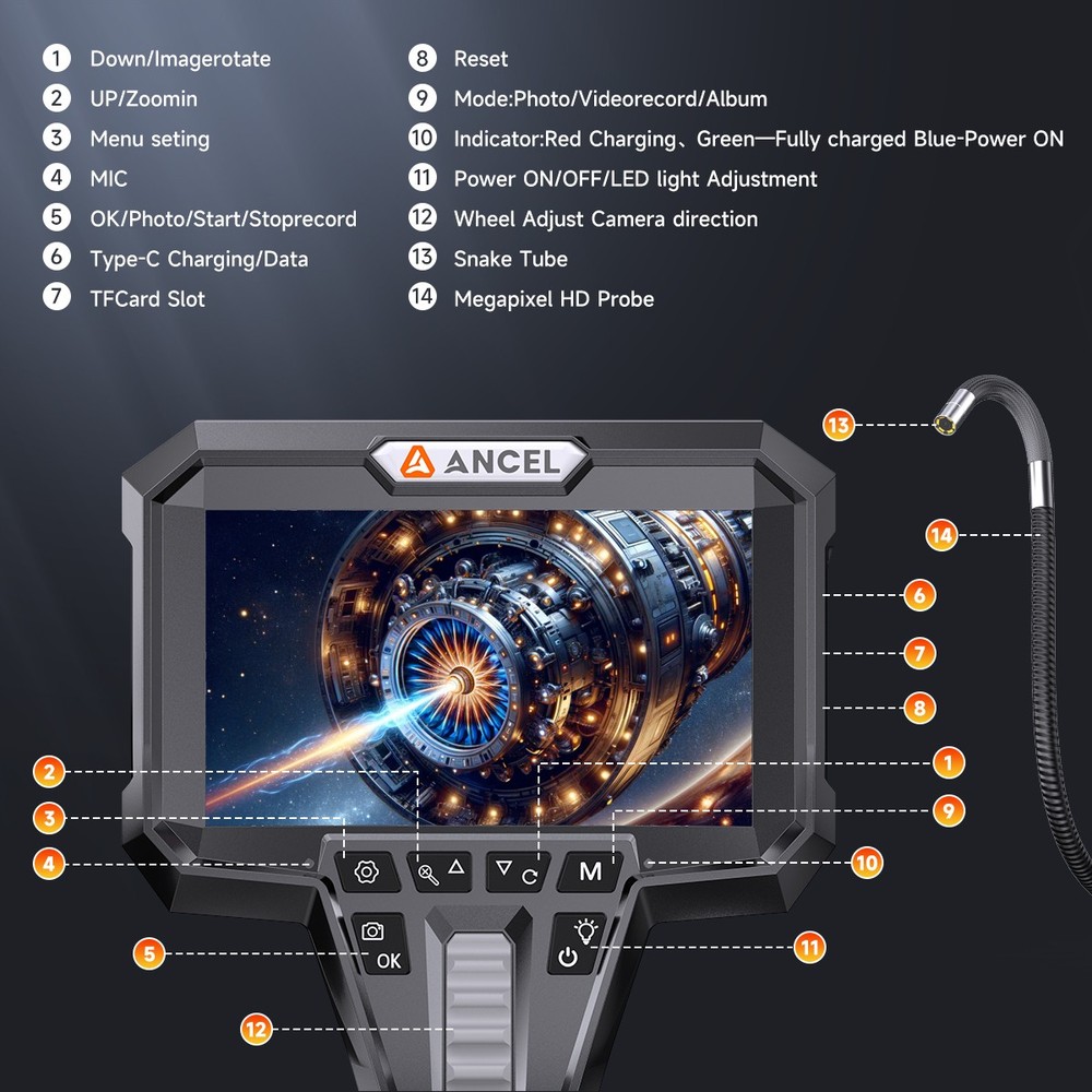 ANCEL AN301 Articulating Endoscope Camera Borescope Support Continuous Recording