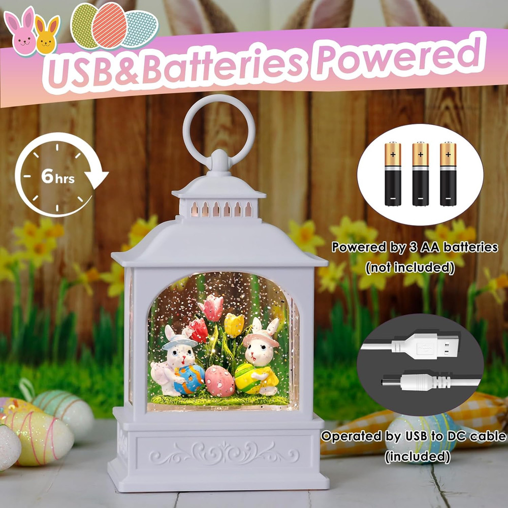 Easter Bunny Snow Globe, Easter Eggs Spring Snow Globe 6H Timer Glitter Lantern