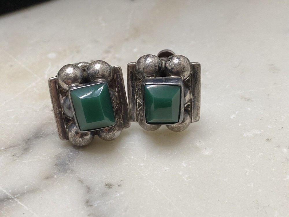 925 Mexico Silver Green Stone Earrings