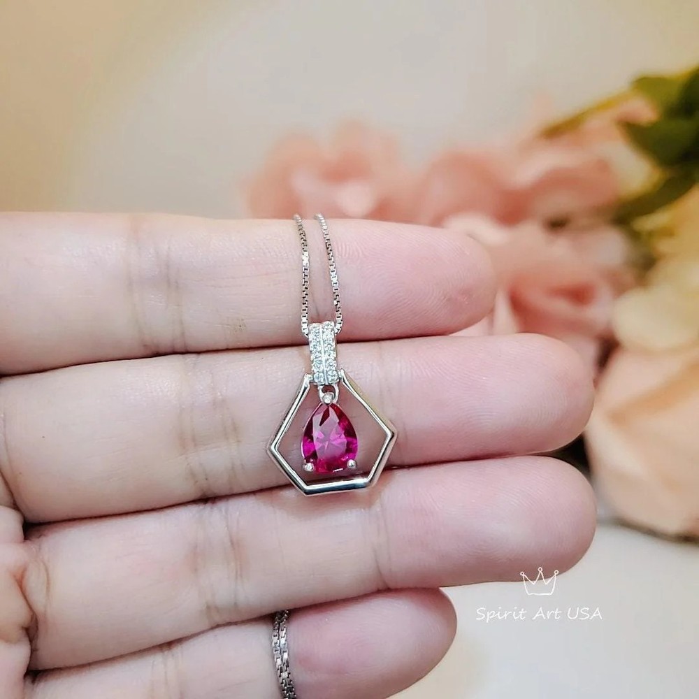 Geometric Red Ruby Necklace - Sterling Silver Triangle Diamond Teardrop Ruby
