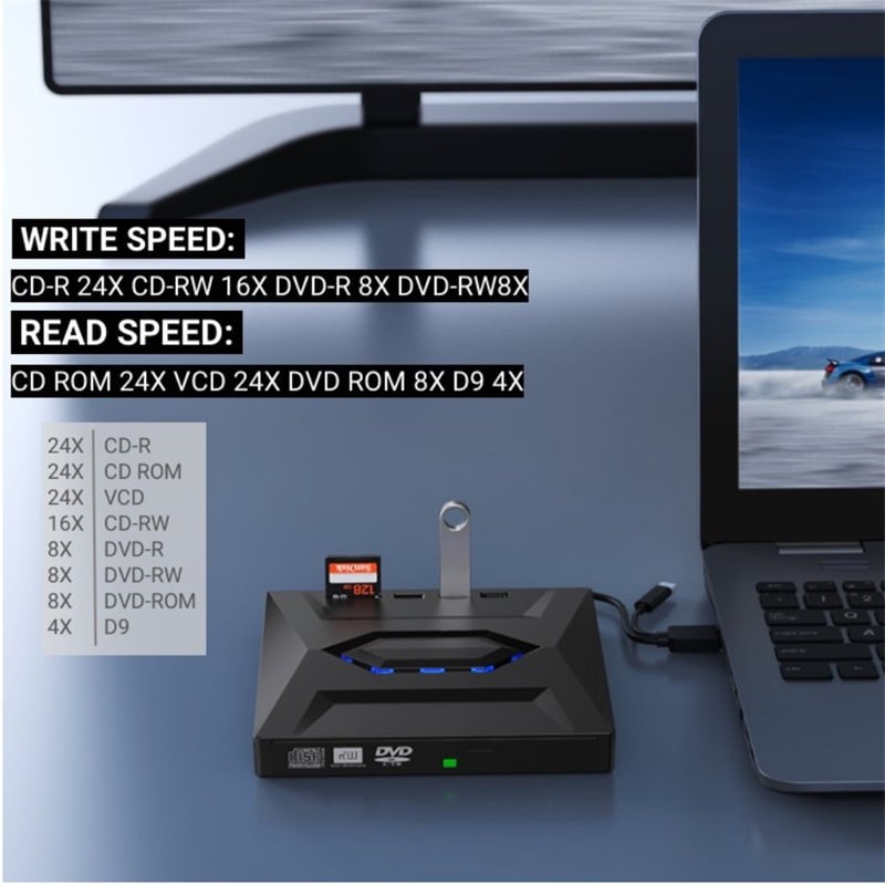 External USB 3.0 Type-C DVD CD Burner Drive With SD Card Reader, Laptop PC Mac​