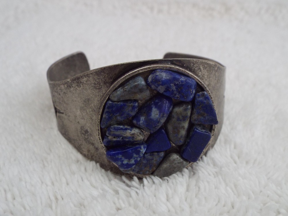Silvertone Blue Sodalite Stone Cuff Bracelet (J47)