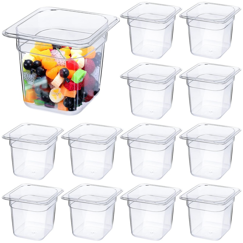 Yinder 12 Pcs Plastic Clear Food Pans 1/6 Size Stackable 4'' Deep,