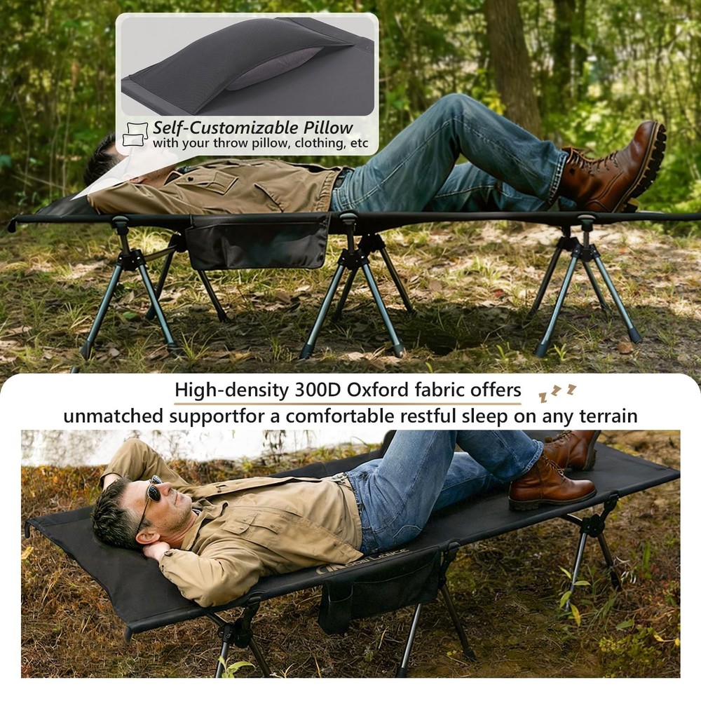 Height Adjustable Camping Cot - Supports 330 lbs, Portable Folding Bed with L...
