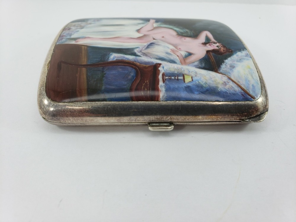 Vintage Silver Plated Hand Painted Nude Enamel Cigarette Case