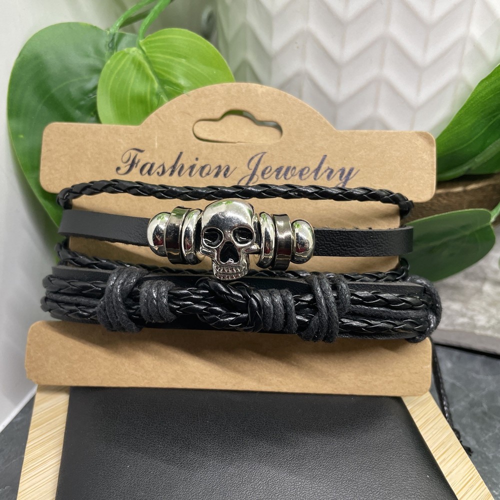 2 PC Leather Bracelet Set Stackable Adjustable Tie New Free Ship B7501