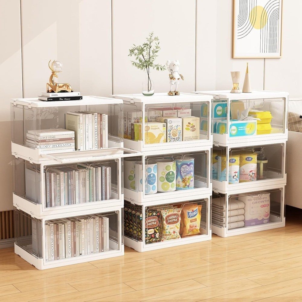 Stylish Clear Stackable Organizer Bins with 24 QT Capacity & Magnetic Closure