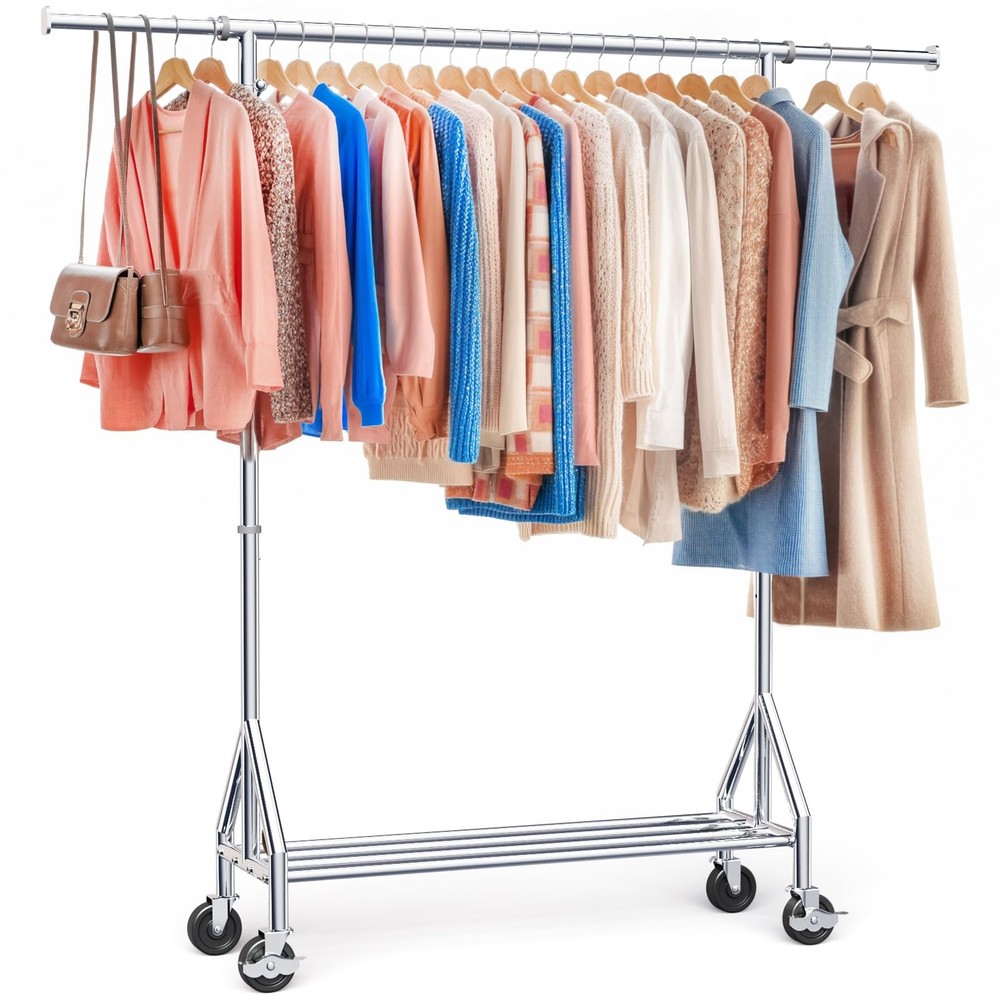 Heavy Duty Clothes Rack for Hanging Clothes, Rolling Garment Rack, Adjustable...