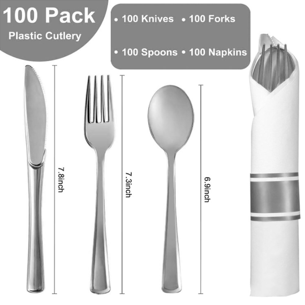 400 Pcs Pre Rolled Silver Cutlery Set, 100 Pack Wrapped Silverware Set with N...
