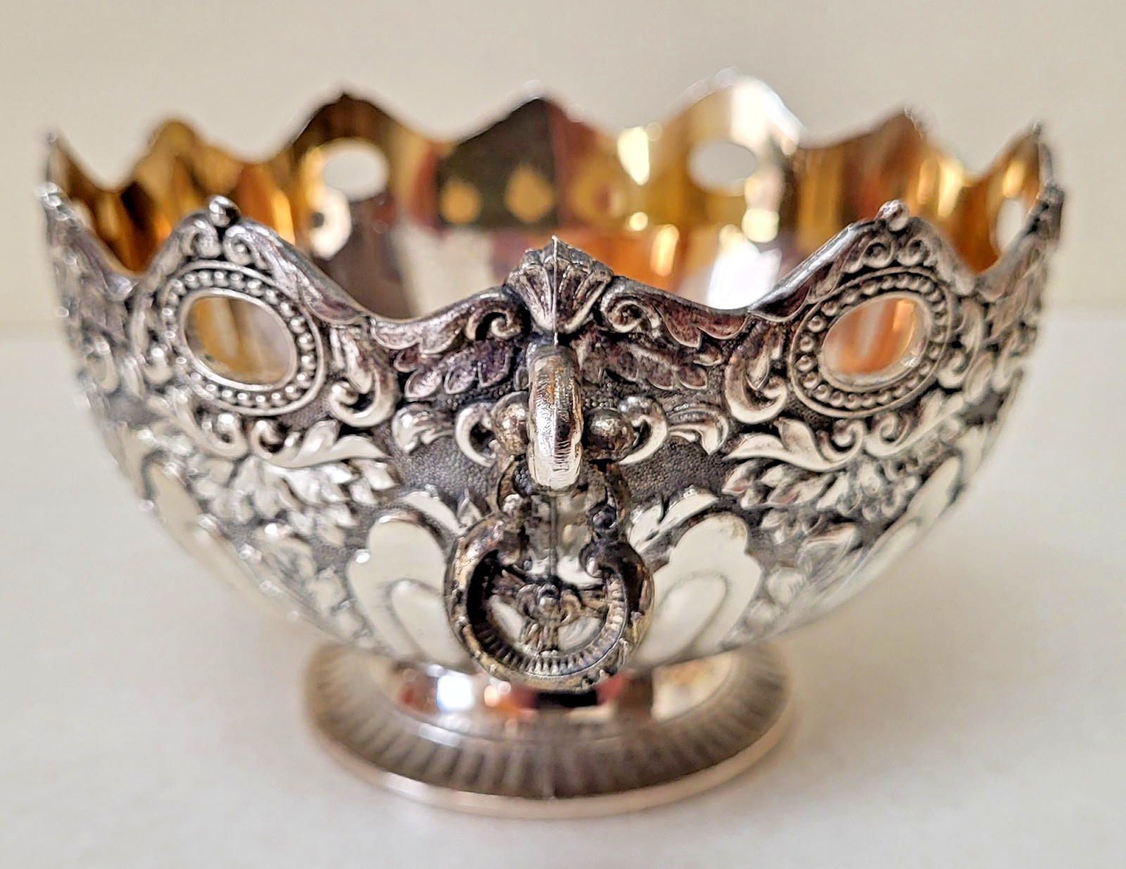 Vtg Silverplate Gold Bowl Candy Dish 5x3" Ornate Handles Embossed Raimond Japan