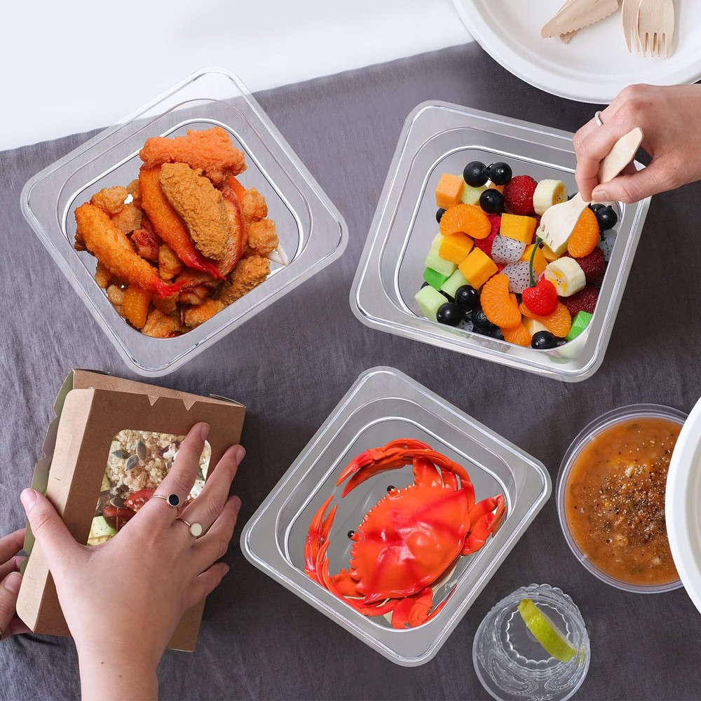 Yinder 12 Pcs Plastic Clear Food Pans 1/6 Size Stackable 4'' Deep,