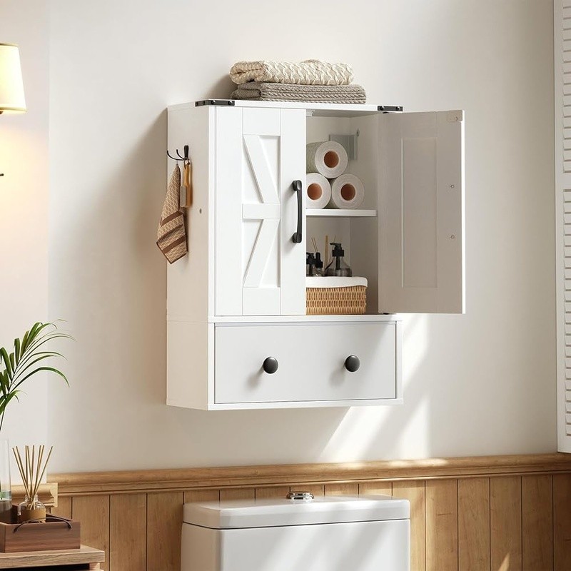 Wall Mounted Bathroom Storage Cabinet Adjustable Shelf Rustic Double Door Drawer